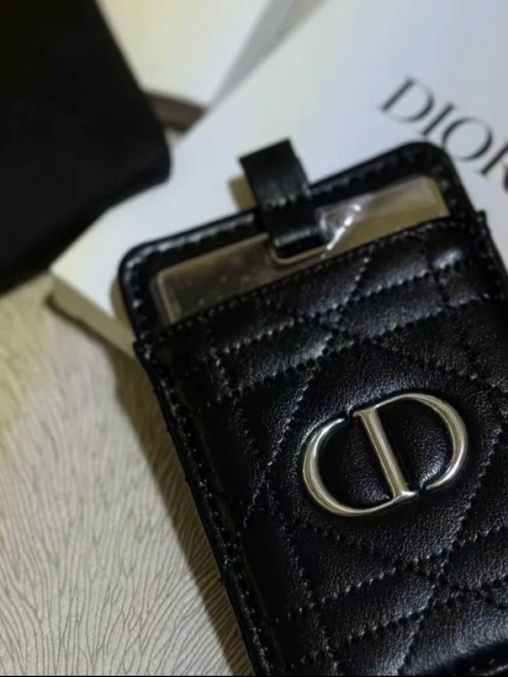Dior black quilted leather card holder & mini compact mirror